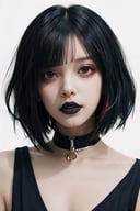1girl,solo, upper body,looking at viewer, white background, bob cut, short hair, multicolored hair, makeup , parted lips, black lips, eyeliner, gothic, goth girl