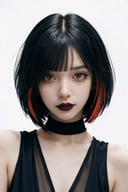 1girl,solo, upper body,looking at viewer, white background, bob cut, short hair, multicolored hair, makeup , parted lips, black lips, eyeliner, gothic, goth girl