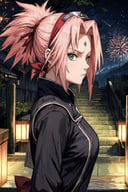 sakura shippuden, masterpiece, best quality, absurdres, solo, woman, badass, standing,  upper body,    looking at viewer,  from side, (black dress:1.2) , ponytail, forehead mark, large breasts,      forehead protector,   konohagakure symbol, inexpressive,  stairs, japanese temple, mountain, forest, (night), star, hanabi, fireworks, stars,   <lora:DetailLora:0.8>, <lyco:BetterHands:1.0>  ,         <lora:sakurav24_6steps_20epochs-000007:0.8>