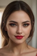 (best quality,8k,highres,masterpiece:1.2),ultra-detailed,realistic:1.37,beautiful woman,makeup,detailed eyes,detailed lips,red lipstick,pure white skin,cute smile,intense gaze,close-up portrait,photorealistic style,soft lighting,endless beauty,perfectly groomed eyebrows,vivid colors