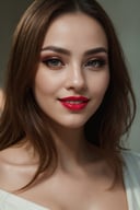 (best quality,8k,highres,masterpiece:1.2),ultra-detailed,realistic:1.37,beautiful woman,makeup,detailed eyes,detailed lips,red lipstick,pure white skin,cute smile,intense gaze,close-up portrait,photorealistic style,soft lighting,endless beauty,perfectly groomed eyebrows,vivid colors