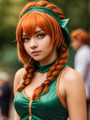 (Highest Quality, 4k, masterpiece, Amazing Details:1.1),  Shallow Depth of Field, E671, lens 50mm f/2.0, ((young_woman,cosplay, Green and dark orange hair styled as French twist)), (photorealistic) (RAW Photo)