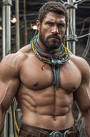 (((Perfect Face)))((cowboy shot)), (((masterpiece))), (((best quality))), ((ultra-detailed)), (highly detailed CG illustration), ((an extremely musculine and handsome)), cinematic light,(((1mechanical Ape))),solo,((upper torso musculine flesh hanging by wires)),((Hanging by wires and tubes)), (machine made joints:1.2),((machanical limbs)),(blood vessels connected to tubes),(mechanical vertebra attaching to back),((mechanical cervial attaching to neck)), ((realistic hair)), (standing), (wires and cables attaching to neck:1.2),(wires and cables on head:1.2),(character focus),science fiction, extreme detailed, colorful, highest detailed, trousers,kratosGOW_soul3142, Greek Male, Sexy Muscular,Game of Thrones,male,Movie Still,