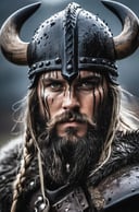 A close-up shot of a fierce Viking King, covered in dripping wet black mud, wearing a dark metal helmet with imposing black horns. His dark warpaint and scruffy black beard emphasize his angry expression, while a scar on his face tells a story of battles fought. The scene is bathed in cinematic lighting with dramatic volumetric rays, creating a moody and intense atmosphere. The Viking King grips his menacing Viking Axe