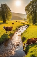 landscape photography, warm sun, cozy stream, cows on the meadow, 4k
