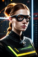 maximum details, cinematic, abstract art, stylized, , , 1 girl, adult czech woman, freckles, amber eyes, ginger waterfall braid, portrait, looking away, solo, (full body:0.6), detailed background, detailed face, (, sparks, jolttech theme:1.1), inventor, safety-goggles, shirt, technology, futuristic, fantasy science lab in background, physics, lasers, nuclear science, dark matter, waveforms, atom model, blackboard, bright lighting, flashing lights,
