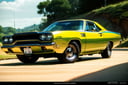 car, yellow car, plymouth road runner, on the road, perfect lighting, wallpaper, commercial photo