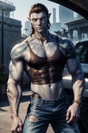jake_sully, sam worthington, thug, looking at you, ((tank top)), ((tattoos)), necklaces, ear piercing, ripped jeans, parking lot, car, braclet, solo, large pectorals, muscular, looking at viewer, black hair, 1boy, jewelry, yellow eyes, upper body, male focus, colored skin, blue skin