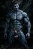 standing, forest, penis, young, cum drop, ejaculation, jake_sully, blue skin, yellow eyes, looking at you with arrogance, smirk