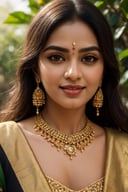 (best quality,4k,8k,highres,masterpiece:1.2),ultra-detailed,(realistic,photorealistic,photo-realistic:1.37),beautiful,indian woman,close-up,portrait,dark eyes,long,thick eyelashes,shiny black hair,golden earrings,bold eyebrows,narrow nose,rosy cheeks,soft lips,dewy skin,golden complexion,traditional indian clothing,ornate embroidery,elaborate jewelry,captivating smile,serene expression,warm and natural lighting,lush background,garden filled with vibrant flowers,subtle bokeh,feeling of elegance and grace,subtle color grading with warm tones,vibrant reds,deep greens,soft golden highlights