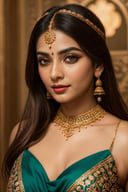(best quality, highres, ultra-detailed:1.2), vibrant colors, realistic lighting, traditional painting, exotic beauty, mesmerizing eyes, elegant jewelry, ornate headpiece, intricate henna design, traditional attire