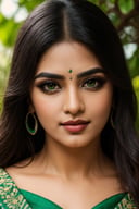 (best quality,highres),detailed eyes,detailed lips,flowing black hair,traditional attire,vibrant colors,natural lighting,lush green background,ethereal atmosphere,subtle makeup,elegant jewelry,confident expression,traditional patterns.