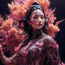 photo RAW, (Black, pink, fuchsia, orange, red : Portrait of a ghostly long tailed petrol fishtail, beautiful mask, harmonic ensemble, mineral, woman, shiny aura, highly detailed, organically grown crystals, gold and pearl filigree, intricate motifs, organic tracery, Kirnan Shipka, Januz Miralles, Hikari Shimoda, glowing stardust by W. Zelmer, perfect composition, smooth, sharp focus, sparkling particles, lively coral reef background Realistic, realism, hd, 35mm photograph, 8k), masterpiece, award winning photography, natural light, perfect composition, high detail, hyper realistic