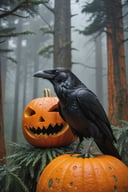 A large ancient raven sitting on top of an orange halloween pumpkin with evil face carved into it, in a ancient arboreal evergreen forest on a very rainy day | detailed realistic photo, Nikon, medium format,
