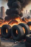 expanse of burning car tyres with a city in the background, digital art, by Michał Karcz, zbrush central contest winner, digital art, smoke and rubble, closeup photograph, hyperrealistic symmetrical 8k, tire, trending on dezeen, jenna barton, tungsten, realistic. 8 k, sheikh