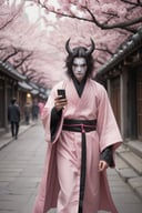 photograph, dungeon, slender Taishō Era (Guy:1.3) , dressed in Demon robe, frolicking in a city street, his hair is Black, cherry blossom pink Phone Case, background, split diopter, (designed by Thomas Barbey:1.1) , Confused, Grindhouse, dark pastel lighting, bokeh, compact camera, 800mm lens, Amaro