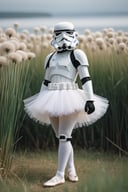 detailed photograph of a short Stormtrooper, he wearing a white (ballerinas tutu skirt:1.5) while he is standing in tall dnadelion grass | film grain, Canon R5, telephoto lens, bold and vibrant