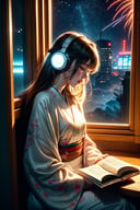 A cute LOFI music themed anime-style girl wearing a winter kimono, leisurely reading a book by a window. She is wearing headphones and listening to music. The window offers a view of a vast night sky filled with stars and fireworks, set in a cyberpunk world. The image features a warm color palette, creating a cozy and inviting atmosphere. This scene combines traditional Japanese elements with a futuristic cyberpunk setting, capturing the essence of a serene winter night. perfectly suited for a LOFI music background.,Lofi style