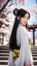 masterpiece, best quality, 1girl, yellow eyes, Beautiful face, delicate eyes, smile, long hair, white hair, tree, stairs, standing, kimono, sky, cherry blossoms, temple, looking at viewer, upper body, from below, looking back,Cyberpunk,young girl,CyberMechaGirl