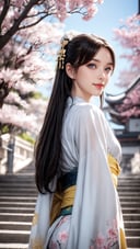 masterpiece, best quality, 1girl, yellow eyes, Beautiful face, delicate eyes, smile, long hair, white hair, tree, stairs, standing, kimono, sky, cherry blossoms, temple, looking at viewer, upper body, from below, looking back,Cyberpunk,young girl,CyberMechaGirl