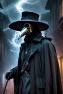 Beautiful, (masterpiece:1.2), (Best Quality:1.2), Realistic, Perfect eyes, Perfect face, Perfect Lighting, (1boy:1.2), plague doctor, Mask, Plague Doctor Mask, Faceless, With a cane, Evil atmosphere, skull belt,silk hat, chain, Black veil, trench coat, beaked mask, volume illumination:1.1, darkness, (detail: 1.2), cana, Floating particles, (depth of fields), High quality, Fujifilm 85mm, Ruins, halloween theme, landscape, highly detailed back ground, Nightmare, 8K, Convoluted, Grip, Mysterious,Black fog, Leather handbags,dark,leonardo,More Detail,plague doctor