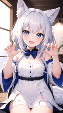 masterpiece, best quality, 1girl, wolf ears, silver hair, blue eyes, cute fang, happy, claw pose, looking at viewer