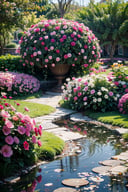 landscape, classical Kuwaiti garden, low tide, best quality, realism, raw photo, diverse array of flowers in the garden, incredibly-detailed, volumetric lighting,more detail

