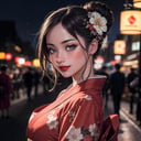 (masterpiece, best quality, extremely detailed, 8k:1.3), ultra highres, realistic, fcPortrait, (closeup, face portrait, face focus:1.3), sharp focus, 1woman, (looking at camera:1.3), (japanese clothes, beautiful red kimono, floral print, print kimono, sash, wide sleeves, obi), brown hair, beautiful bun hairstyle, detailed high bun, floral hair ornament, (extremely beautiful, cute, detailed face, detailed eyes,  perfect eyes, highly detailed skin:1.2), pretty features, expressive eyes, (full lips, red lips), (highly saturated lipstick, vividly bright colored lipstick:1.2), (makeup:0.6), eyeliner, lifelike skin textures, (blushing, smiling, shy, innocent, softer face), alluring, hot, sexy, captivating, enchanting, breathtaking beauty, (looking at viewer:1.3), dynamic pose, from side, very appealing and attractive, depth of field, intricate details, city lights at night in background, starry sky, complex detailed background, photorealistic, hyper-detailed