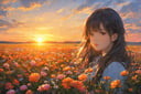 1 girl, nature, sunset, masterpiece,  best quality, flowers, look at viewer,