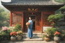 1 girl, house, chinaese style, holding flowers, nature, masterpiece, best quality, look at viewer, full body, realistic