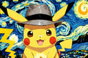 , portrait, soft blurry oil painting portriat of a close up shot of a (((Pikachu wearing a grey fedora hat by van Gogh))), starry night backdrop heavy brush strokes, by van Gogh