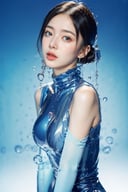 (1girl:1.1),stars in the eyes,(pure girl:1.1),upper_body,cinematic angle,(character in the lower right corner:1.4),adhesion,tight clothing,flowing liquid,white_background,,blue theme,

