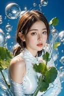 (1girl:1.1),stars in the eyes,(pure girl:1.1),upper_body,There are many scattered luminous petals,green theme,bubble,contour deepening,white_background,cinematic angle,character in the lower right corner,(centella:1.2),adhesion,tight clothing,flowing liquid,,
