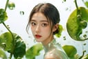 (1girl:1.1),stars in the eyes,(pure girl:1.1),upper_body,There are many scattered luminous petals,green theme,bubble,contour deepening,white_background,cinematic angle,character in the lower right corner,(centella:1.2),adhesion,tight clothing,flowing liquid,,
