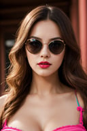(best quality,highres:1.2),fashionable women,styles costume,sexy look,sunglass,beautiful eyes,detailed lips,great makeup,vibrant colors,stunning visuals,glossy finish,elegant poses,hair flowing,bright lighting,fashion photography