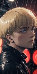 (neon lights, red light), night, rain, wet hair, ((rain drops on his face)), (looking to the sky), melancholic, extremely detailed, perfect composition, masterpiece 8k wallpapper,Armin Arlet, blonde hair, blue eyes 