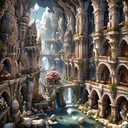 (Baroque painting), busy white marble fantasy city hewn from marble divided into many levels and towers, dwarves, animals, isometric 3d art of floating streets, cobblestone, flowers, (waterfall:1.2), greg rutkowski
