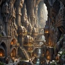 (Baroque painting), busy white marble fantasy city hewn from marble divided into many levels and towers, dwarves, animals, isometric 3d art of floating streets, cobblestone, flowers, (waterfall:1.2), greg rutkowski, dark theme Brightness of less than 25%