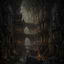 Step into a foreboding Baroque-inspired realm where the dwarven city is swallowed by the suffocating darkness of an ancient cave, resembling a twisted, labyrinthine forest where light dare not penetrate. The city's stark white marble facades are marred by a sense of desolation, and its towering, misshapen spires evoke an eerie, unsettling atmosphere. In the isometric 3D rendering, disorienting cobblestone streets snake through the heart of this subterranean abyss, where decaying flora hints at a former beauty. Overhead, the oppressive weight of a dark cave ceiling adds to the ominous atmosphere, all beneath the shadowy specter of an unending waterfall, capturing the unsettling spirit of Greg Rutkowski's art