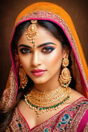 (best quality, highres, ultra-detailed:1.2), vibrant colors, realistic lighting, traditional painting, exotic beauty, mesmerizing eyes, elegant jewelry, ornate headpiece, intricate henna design, traditional attire