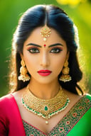 (best quality,highres),detailed eyes,detailed lips,flowing black hair,traditional attire,vibrant colors,natural lighting,lush green background,ethereal atmosphere,subtle makeup,elegant jewelry,confident expression,traditional patterns.