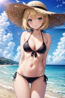 1girl, (mature:1.2), ass visible through thighs, bangs, bare shoulders, beach, bikini, black bikini, blonde hair, blue sky, blush, breasts, cleavage, cloud, cloudy sky, collarbone, cowboy shot, day, front-tie bikini, front-tie top, green eyes, (short hair:1.2), hat, horizon,  lens flare, long hair, looking at viewer, medium breasts, navel, ocean, outdoors, sand, shore, (side-tie bikini:1.2), sidelocks, sky, smile, solo, straw hat, string bikini, sun hat, sunlight, swimsuit, thighs, water, waves, arms at sides, perfect eyes, glossy lips, closed mouth, arms behind back