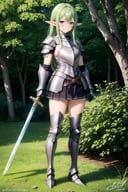 1girl, elf, pointy ears, standing, forest, blush, purple eyes, green hair, full shot, full body, (plated armor:1.3), (sword:1.1), leather gloves, skirt, looking at viewer, perfect hands, (grass:0.5)