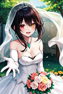 masterpiece, best quality, highres, 1girl, ddkurumi, bridal veil, tiara, earrings, heterochromia, jewelry, necklace, cleavage, bare shoulders, wedding dress, white dress, white gloves, elbow gloves, <lora:tokisaki_kurumi_v1:0.8>, garden, outdoors, holding bouquet, smile, open mouth, looking at viewer, reaching out, 