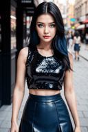 (masterpiece), 1girl, solo, mature, sexy, highly detailed face and eyes, professional makeup, black sequin sleeveless cropped top, skirt, blue-black dual tone long hair, glowing blue eyes