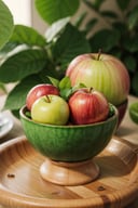 best quality,ultra-detailed,realistic,close-up,fruits,red and green colors,shiny apple,juicy texture,luscious green leaves,healthy snack,appetizing,crisp and refreshing,macro photography,fruit bowl,tempting,delicious depiction,sharp focus,highres,vivid colors,studio lighting
