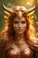 mythical animal half bull half bee, kind-hearted with a penetrating gaze, golden glow, extremely detailed and beautiful face, gorgeous body, soft copper-colored hair, she wears druid armor, ethereal, magical glow, fantasy art by Mschiffer, ultra sharp focus, ethereal glowy smoke, light particles, roses and vines, brambles

.,Leonardo style 