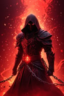 (Anime-style:1.3), (Dark and intense:1.2), A striking anime character, shrouded in shadows and poised for battle, stands against a deep crimson background adorned with menacing chains. Glowing red hollow fire particles dance around the scene, creating an otherworldly ambiance. The unique pastel look adds an ethereal touch to this dramatic and visually intense composition.,Leonardo style 