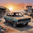 comic post-apocalyptic sunset at the end of the world of the new dawn, burned out car in the front aquarelle drawing . graphic illustration, comic art, graphic novel art, vibrant, highly detailed