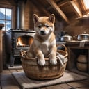 a cut shiba inu puppy is sitting in an basket in an mountain hut near the warm stove, high quality photography, 3 point lighting, flash with softbox, 4k, Canon EOS R3, hdr, smooth, sharp focus, high resolution, award winning photo, 80mm, f2.8, bokeh
